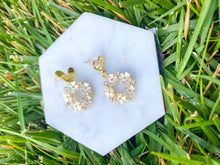 Load image into Gallery viewer, Gold earrings with hearts and flower wreath with pink undertones and white stones