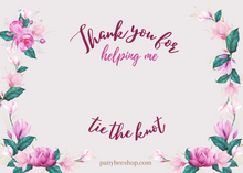 Load image into Gallery viewer, Card with lilac flower background that says: "Thank you for helping me tie the knot pattybeeshop.com"