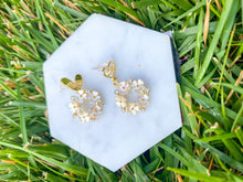 Load image into Gallery viewer, Earrings with hearts and dangle flower wreath with pink undertones and white stones
