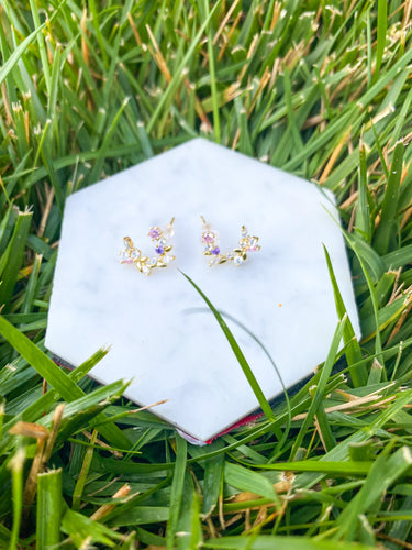 Laurel earrings with white, pink, and purple stones, and gold accents